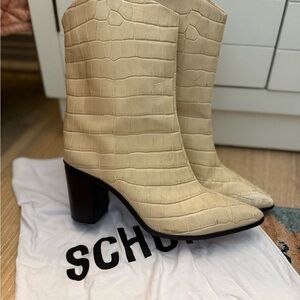 Schutz Vonna Cream Croc-Embossed Heeled Boots 8.5